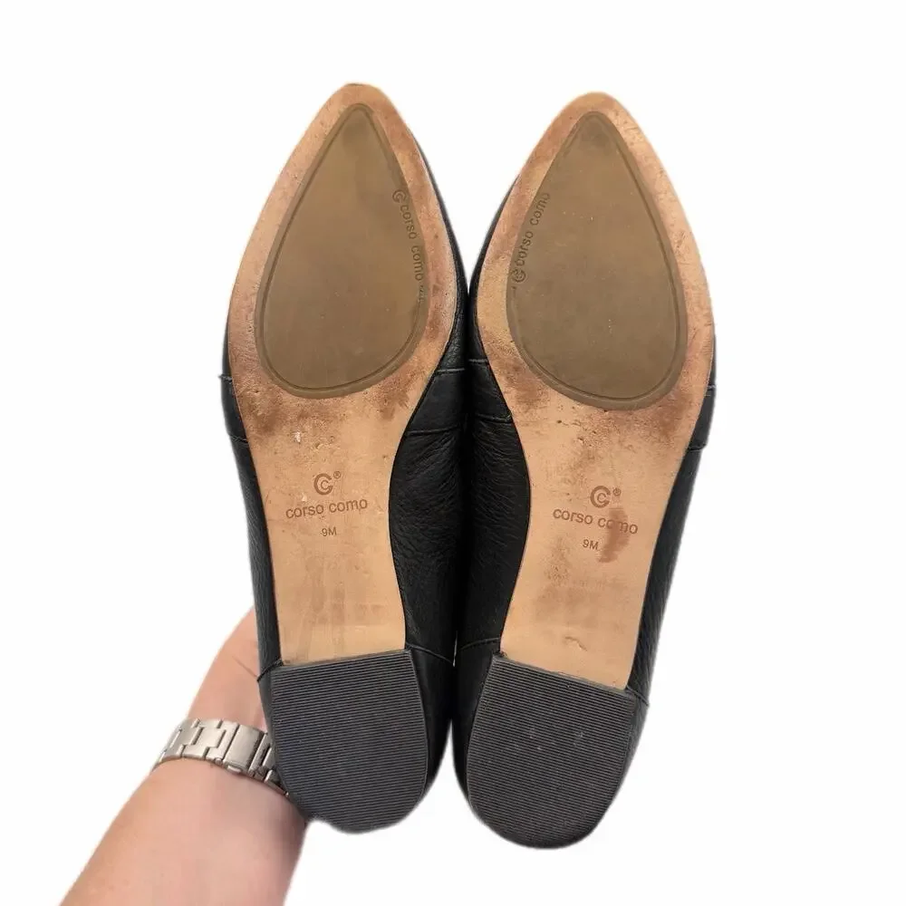 Corso Como Jatiba Black Leather Slip On Pointed Toe Polished Office Flat Loafers